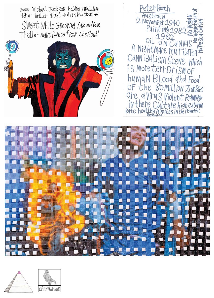 A collage of images and handwritten text. The images include a cartoon style drawing of Michael Jackson holding two large lollypops, one in each hand, and a photograph of sugar cubes laid out in a grid on top of an image of a man running away from a flaming zombie. The text describes zombie culture in Peter Booth's Untitled 1984 painting.