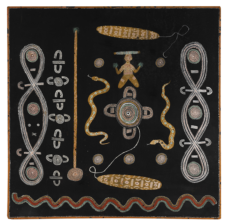 ochre painting of a dancing figure, icons and snake form on black surface