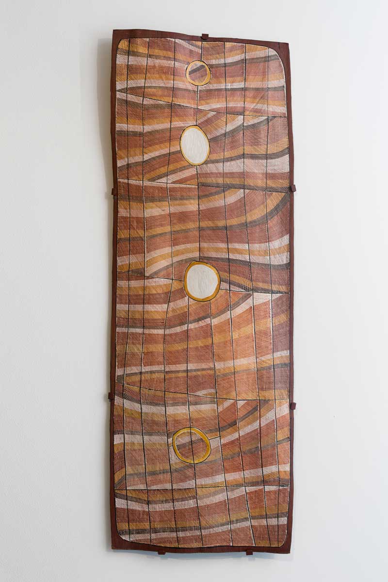 John Marwurndjul, Mardayin Design at Milmilngkan, 2003, bark painting ochre pigments with PVC fixative on stringybark (Eucalyptus tetradonta), UTS Art Collection. Photo: Jessica Maurer. Courtesy the artist and UTS Gallery