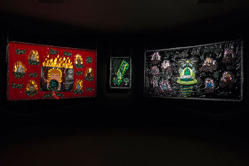 Installation view (Left to right): Raquel Caballero, Mother of Pearl / Hell, Mother of Pearl / Escalator to Heaven, Mother of Pearl / Heaven(2018), appliquéd and sewn imitation velvet, lycra, lamé, leather and mixed materials. Courtesy the artist. Commissioned by Campbelltown Arts Centre. Installation view, Campbelltown Arts Centre. Photo: Document Photography 