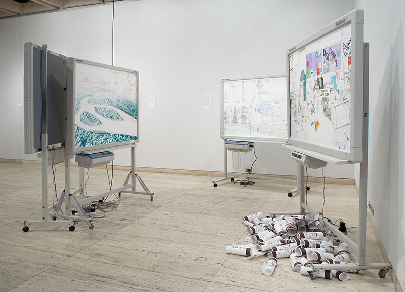 Raquel Ormella, Wild Rivers: Cairns, Brisbane, Sydney, 2008, 4 whiteboards, thermal paper, Texta marker pens, 200 x 240 x 70 cm (whiteboard). Installation view, 2008 Biennale of Sydney, Art Gallery of New South Wales, Sydney. Collection Monash University, Melbourne. Courtesy Milani Gallery, Brisbane © the artist