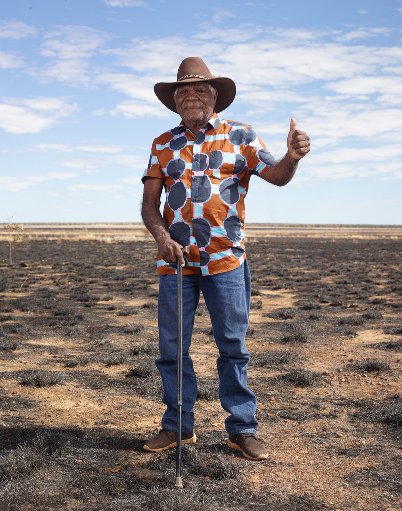 Ngarralja Tommy May, wearing his Mangkaja X Gorman shirt earlier this year for a photoshoot in Fitzroy Crossing. Photo: Charles Freger