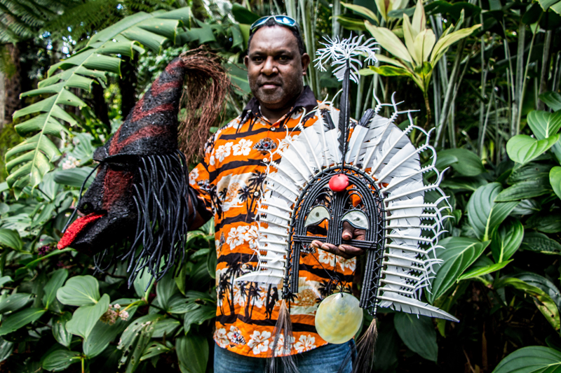 Obery Sambo delivering his work, Meuram Dhari and Weris Kop Lamar, to the Cairns Indigenous Art Fair (CIAF). Photo: Carli Willis. Courtesy CIAF