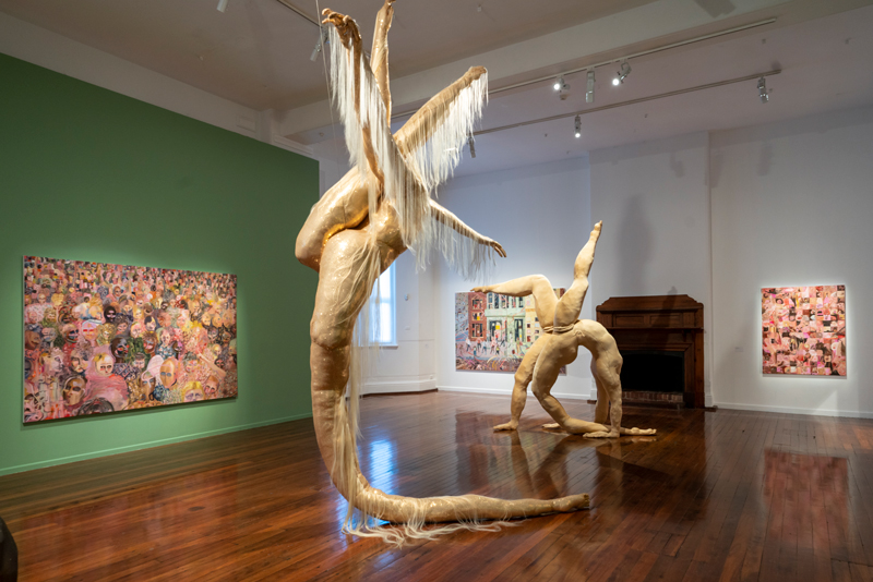 Tarryn Gill, Limber (3) (centre) and Limber (2) (rear), 2020, mixed media, handstitched, sequined fabric, synthetic hair, EPE foam, and fibre fill, steel, handstitched Lycra, eyes, dimensions variable; Background L–R: Amber Boardman, Massive Touch Network, 2019, oil on polyester; The Internet of Vibes, 2020, oil on canvas, Porn Categories, 2019, oil on canvas