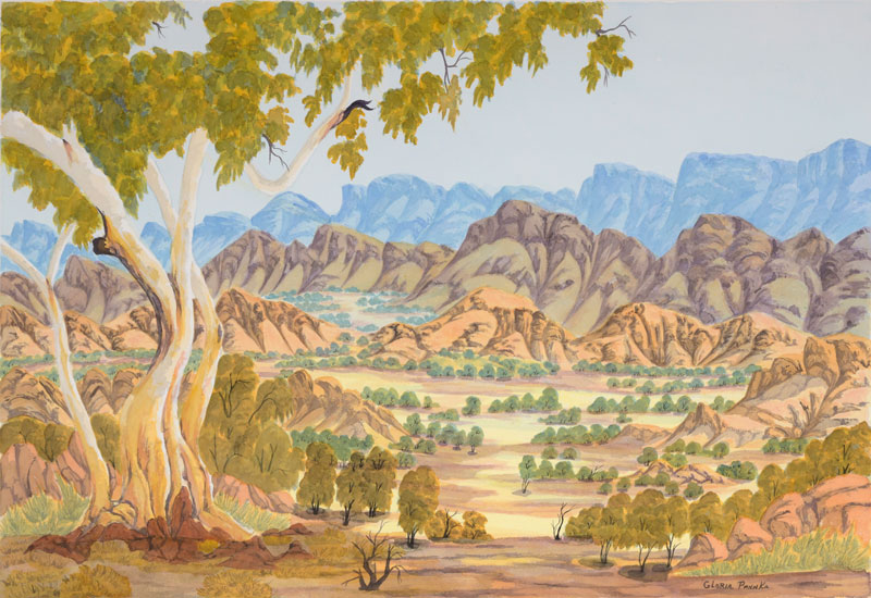Gloria Pannka, Tjoritja / West MacDonnell Ranges, Central Australia, 2019, watercolour on Arches paper. Acquired at Desert Mob by the Araluen Arts Centre. Courtesy Araluen and Iltja Ntjarra Art Centre, Alice Springs