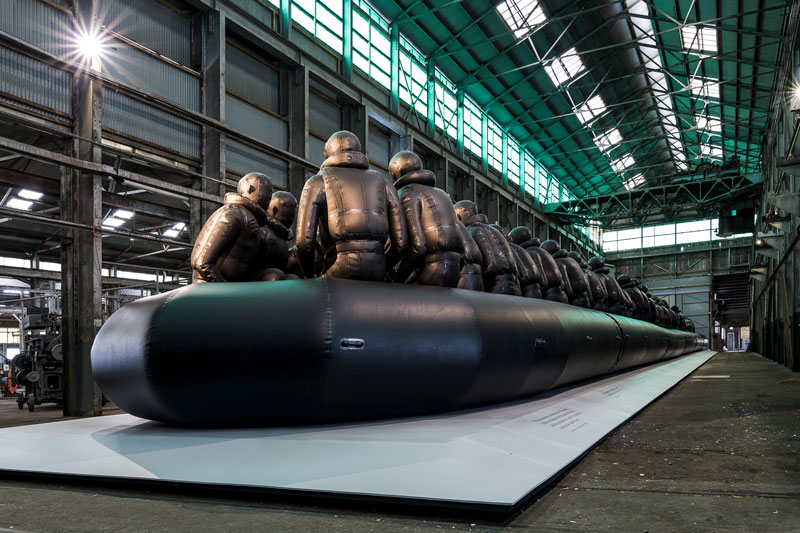 Ai Weiwei, Law of the Journey, 2017, reinforced PVC with aluminium frame, 312 figures. Installation view, Cockatoo Island, 2018. Courtesy the artist and neugerriemschneider, Berlin. Presentation at the 21st Biennale of Sydney was made possible with generous support from the Sherman Foundation. Photo: Document Photography