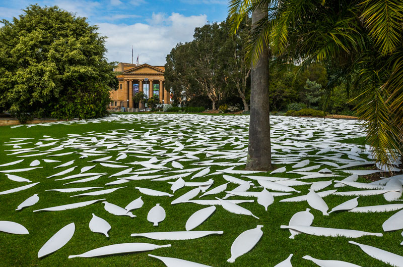 Jonathan Jones, barrangal dyara (skin and bones), Kaldor Public Art Project 32, gypsu, kangaroo grass, 8-channel soundscape, Royal Botanic Garden, Sydney, 2016. Photo: Peter Grieg