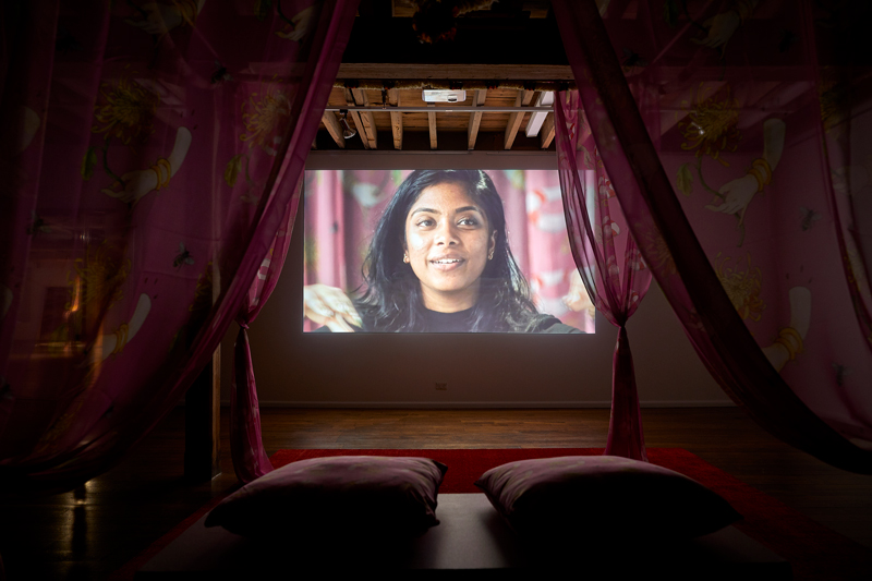 Zanny Begg, Stories of Kannagi, 2020, single-channel video; Mandap, cushions, drapes, jasmine essential oil. Photo: Rémy Chauvin