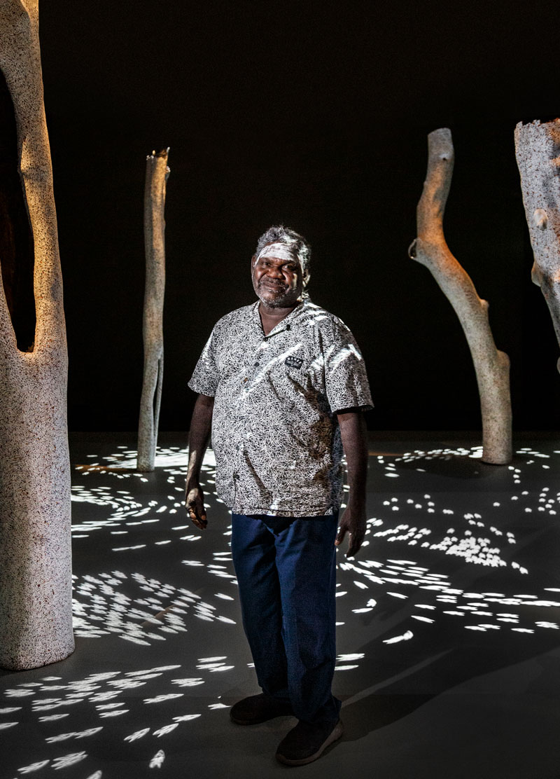 Wukun Waṉambi with his work Djalkiri, Tarnanthi: Festival of Contemporary Aboriginal & Torres Strait Islander Art 2019. Installation view, Art Gallery of South Australia. Photo: Saul Steed 