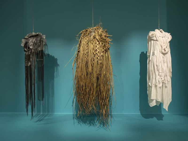 Grace Lillian Lee (Meriam Mir language group), A Weave through Time (plastic), 2017, polyurethane, timber cane, cotton and wool thread; A Weave through Time (fibre), 2017 palm fibre, timber cane, cotton and wool thread;  A Weave through Time (White), 2017 cotton webbing, timber cane, cotton and wool thread. All purchased Cairns Art Gallery Foundation, 2018. Collection: Cairns Art Gallery, Cairns. Photo: Carl Warner. Courtesy the artist.