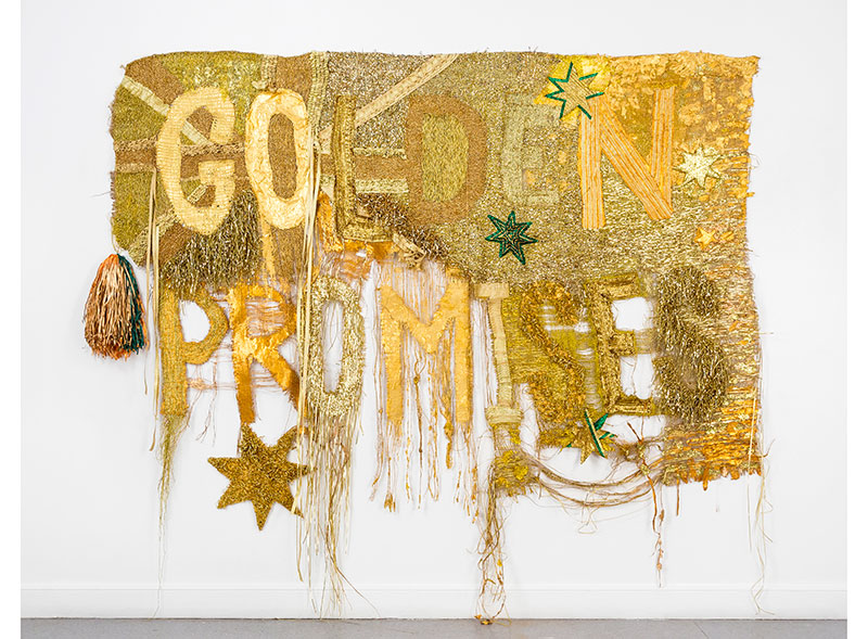 Raquel Ormella, Wealth for toil I, 2014, synthetic polymer paint, hessian, metallic thread and ribbon 220 x 270 cm Courtesy Milani Gallery, Brisbane © the artist