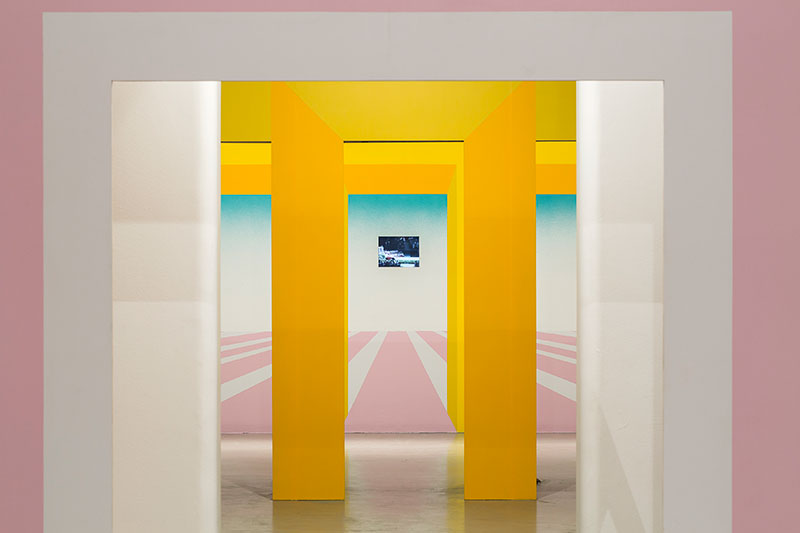 Sheer Fantasy. Installation View, Campbelltown Arts Centre, 2018. Photo: Document Photography. Video featuring Big Bird singing “It’s Not Easy Bein’ Green, Jim Henson memorial service, Cathedral of St John the Divine, New York City, 21 May 1990