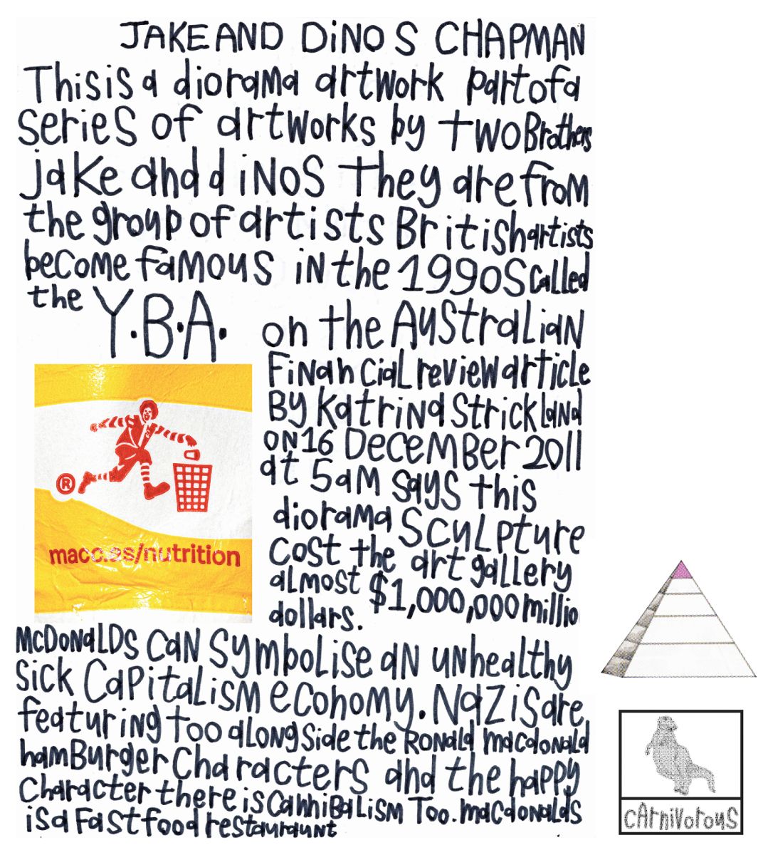 A collage of image and handwritten text. The image is a close-up photograph of a McDonalds cup label and the text describes an artwork by Jake and Dinos Chapman.