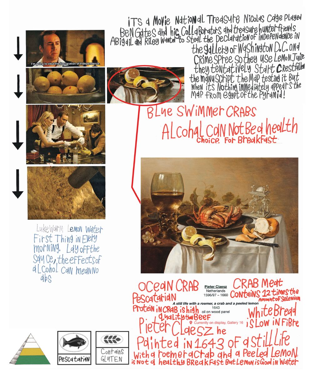 A collage of images and handwritten text. Images featured include film stills from National Treasure, showing the characters using lemon juice on an old document, alongside a still life painting of lemons and crab. The text describes the health benefits of lemon, crab and alcohol.