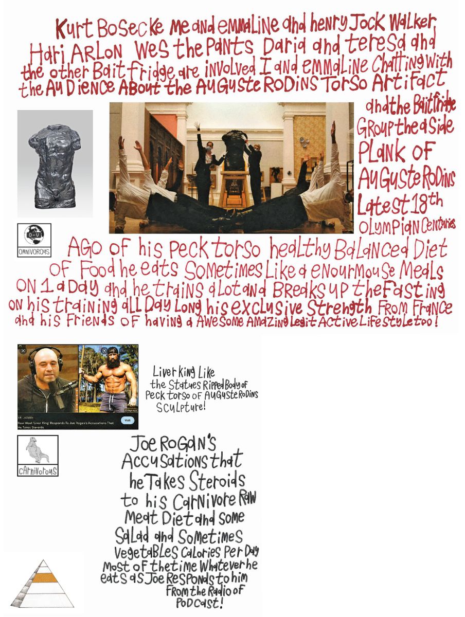 A collage of images and handwritten text. The images include a bronze sculpture of a man's torso, a group of people doing a yoga in an art gallery and an internet screenshot of Joe Rogan and the Liver King. The text describes how to stay fit and diets in Ancient Greece to the twenty-first century.