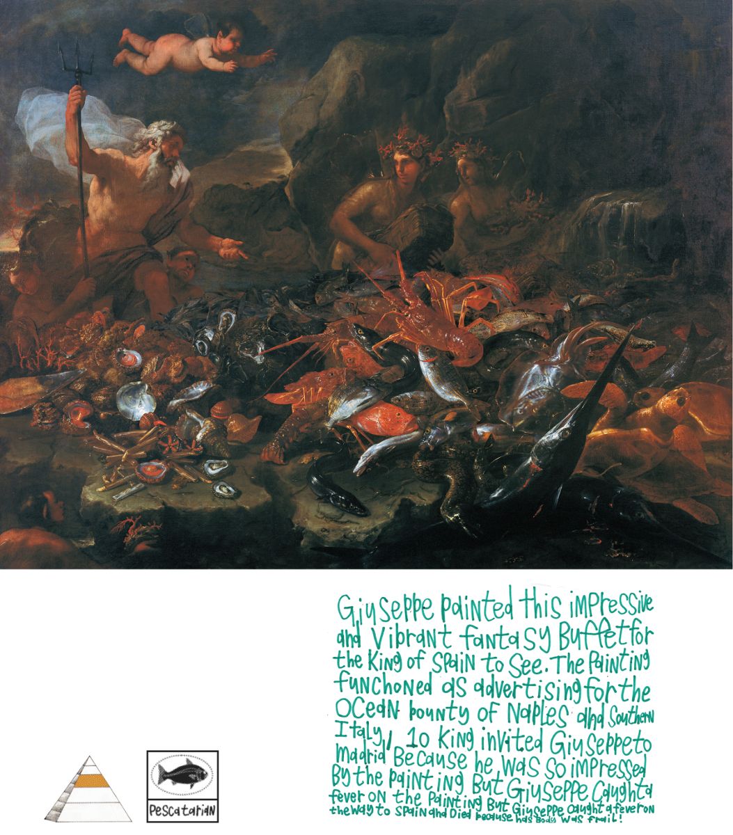 A collage of image and handwritten text. The image is an historical painting featuring a bounty of exotic seafood and mythological figures. The text below describes an historical account of the painting.