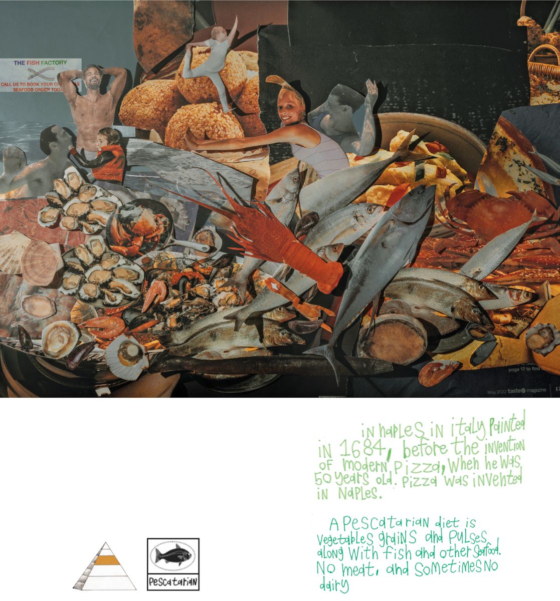 A collage of image and handwritten text. The image is a paper collage featuring a bounty of seafood and people doing exercise. The text below describes a pescatarian diet. 