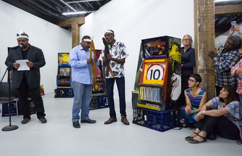 Joseph Williams, Jimmy Frank Jnr, Fabian Brown, performance at Artspace, Gangsters of Art installation for the Biennale of Sydney, 2020. Photo: Jesse Marlow. Courtesy Nyinkka Nyunyu Art and Culture Centre 