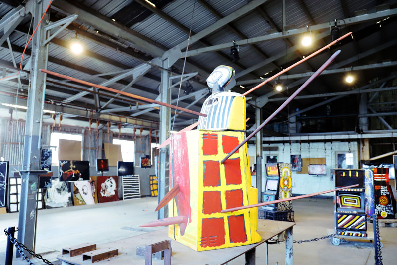 Tennant Creek Brio, One Eyed Man, 2020, mixed media on repurposed poker Machine (Installation shot of We are the Living History, Cockatoo Island). Photo: Levi Mclean. Courtesy Nyinkka Nyunyu