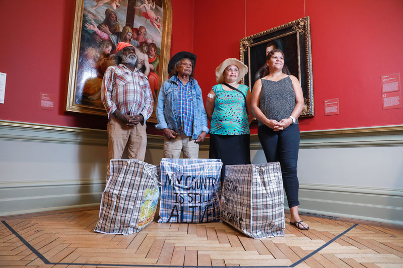 Mervyn Rubuntja, Hubert Pareroultja, Dellina Inkamala and Marisa Maher with Homeless on my Homeland, 2018–19, installation view, Art Gallery of New South Wales for the Biennale of Sydney. Photo: Australia Council for the Arts/Maja Baska. Courtesy Iltja Ntjarra Many Hands Art Centre