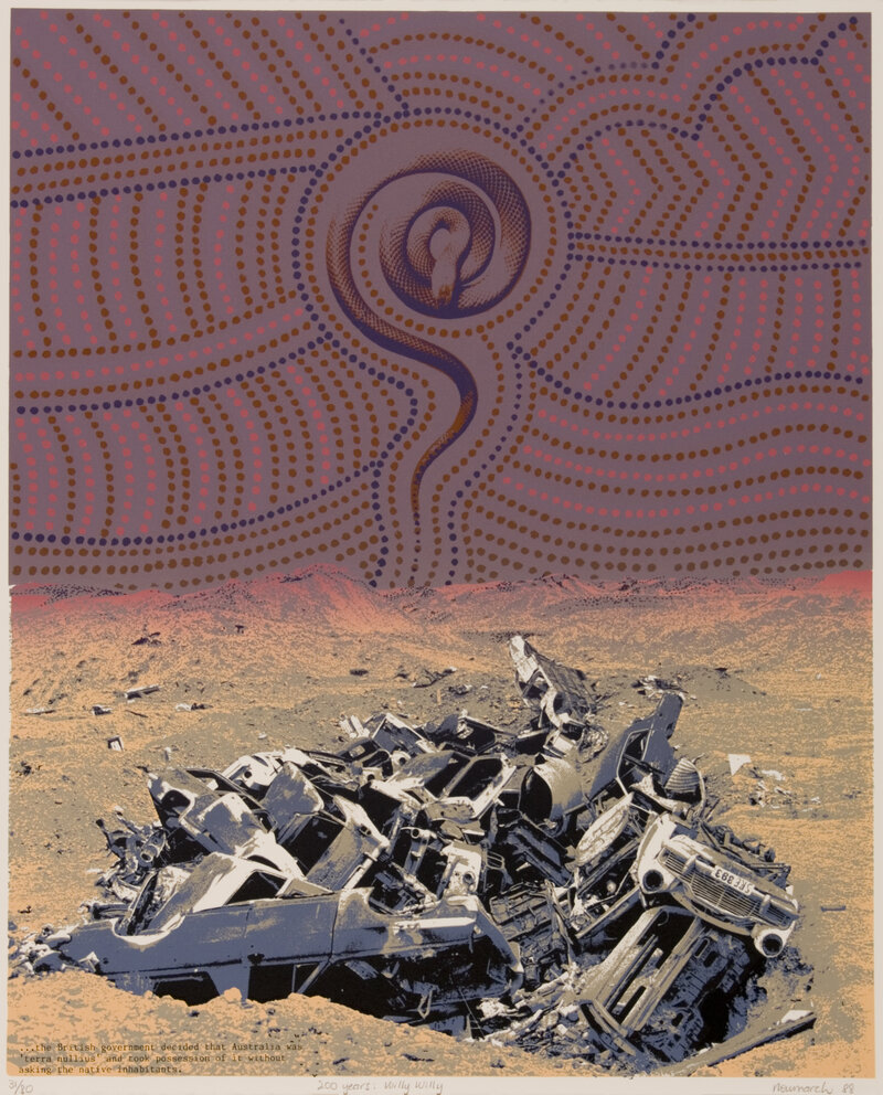 Ann Newmarch, 200 Years: Willy Willy, 1988, Screenprint, coloured inks on paper. Collection of Flinders University Museum of Art  © Ann Newmarch