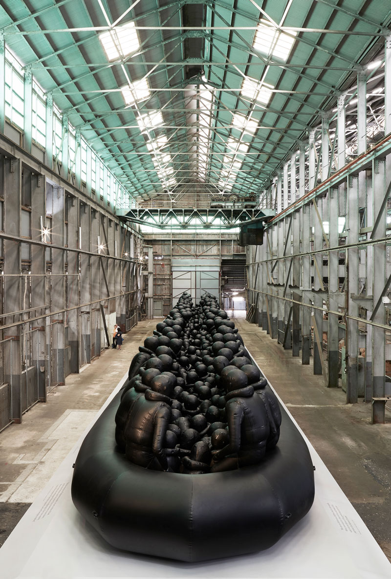 Ai Weiwei, Law of the Journey, 2017, reinforced PVC with aluminium frame, 312 figures. Installation view, Cockatoo Island for the 21st Biennale of Sydney 2018. Courtesy the artist and neugerriemschneider, Berlin. Presentation at the 21st Biennale of Sydney was made possible with generous support from the Sherman Foundation. Photo: Document Photography