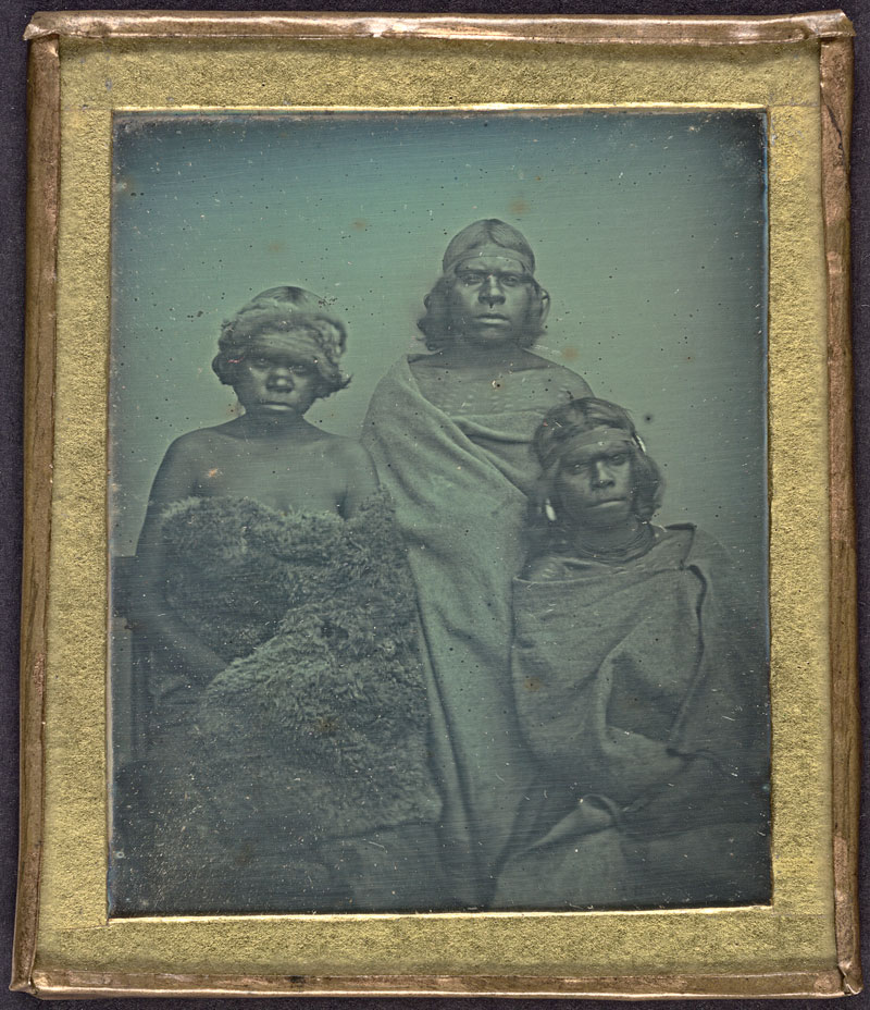 Douglas T. Kilburn, No title (Group of Koori women), 1847, daguerreotype; glass, brass, gold.Collection,National Gallery of Victoria 