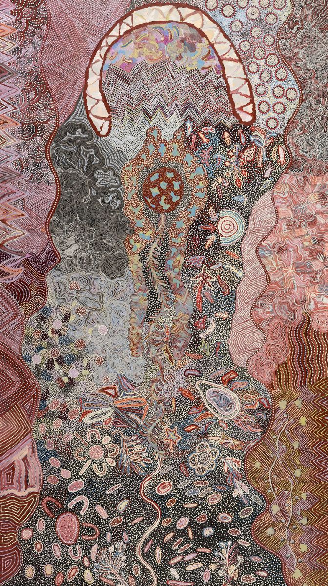 Kalipinypa Women’s Collective [Established senior artists: Patricia Phillipus Napurrula, Charlotte Phillipus Napurrula, Mary Roberts Nakamarra, Candy Nelson Nakamarra, Maureen Poulson Napangardi, Narlie Nelson Nakamarra; Emerging artists: Tina Bennett, Betty Brown, Deanne Major, Cedrena Corby, Kalipinypa, 2019, acrylic on canvas. Courtesy Araluen and Papunya Tjupi Arts.