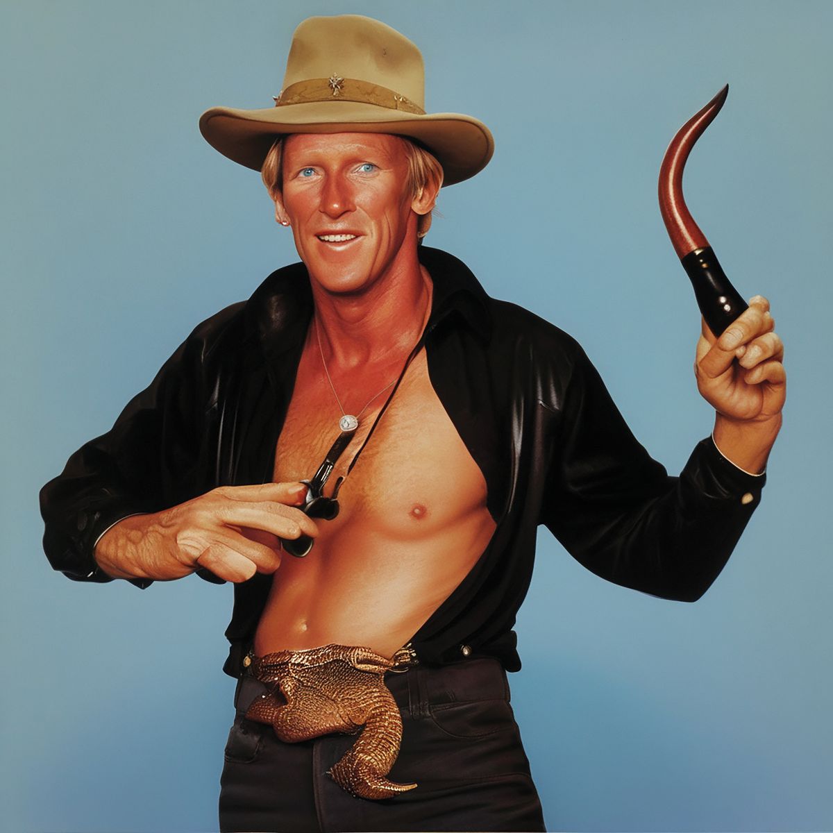 AI image of Paul Hogan as Crocodile Dundee holding René Magritte's pipe