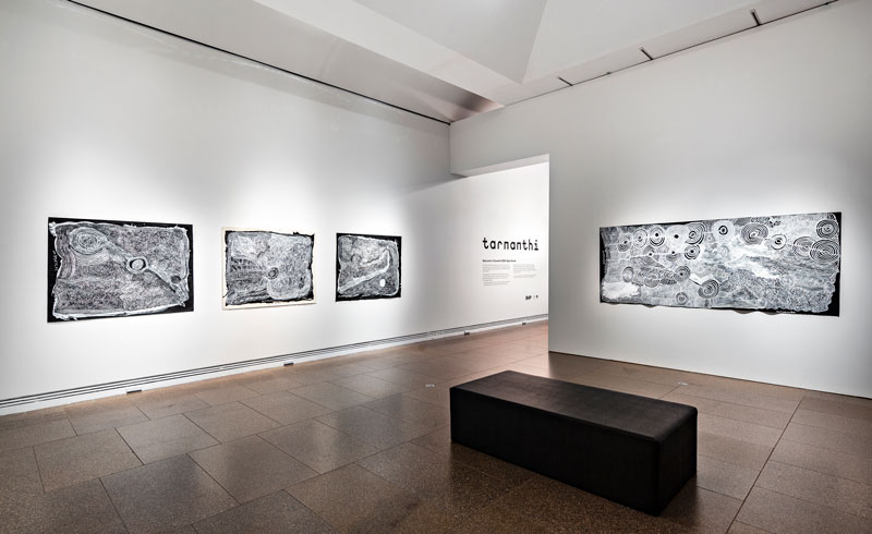 Tarnanthi 2020: Open Hands featuring Ngangkaṟi Ngura (Healing Country) by Betty Muffler and Ngangkaṟi Ngura (Healing Country) by Betty Muffler and Maringka Burton, installation view, Art Gallery of South Australia. Photo: Saul Steed