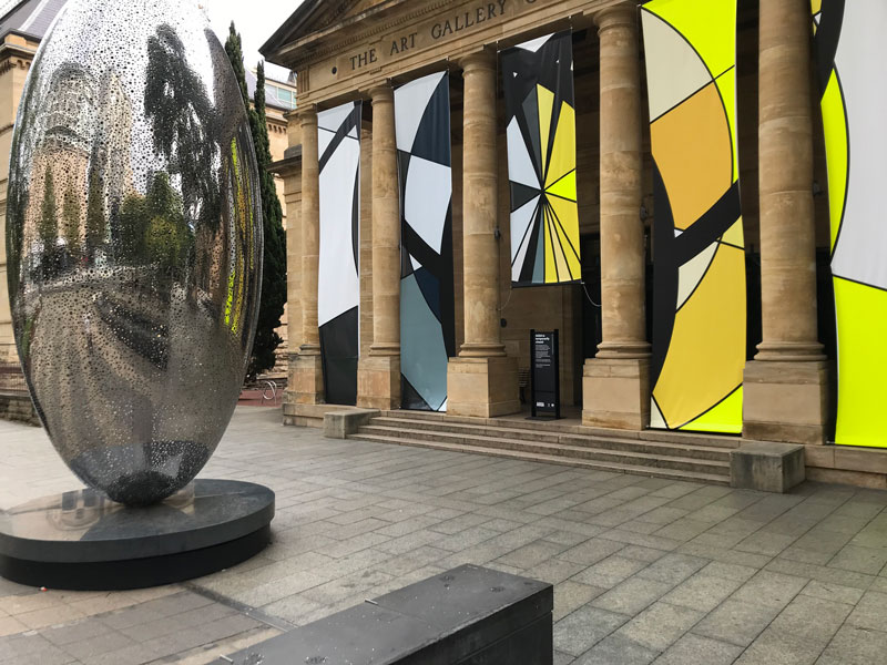 The Art Gallery of South Australia, 7 April 2020. Banner work by Mikala Dwyer for the 2020 Adelaide Biennial of Australian Art: Monster Theatres. Photo: Eve Sullivan