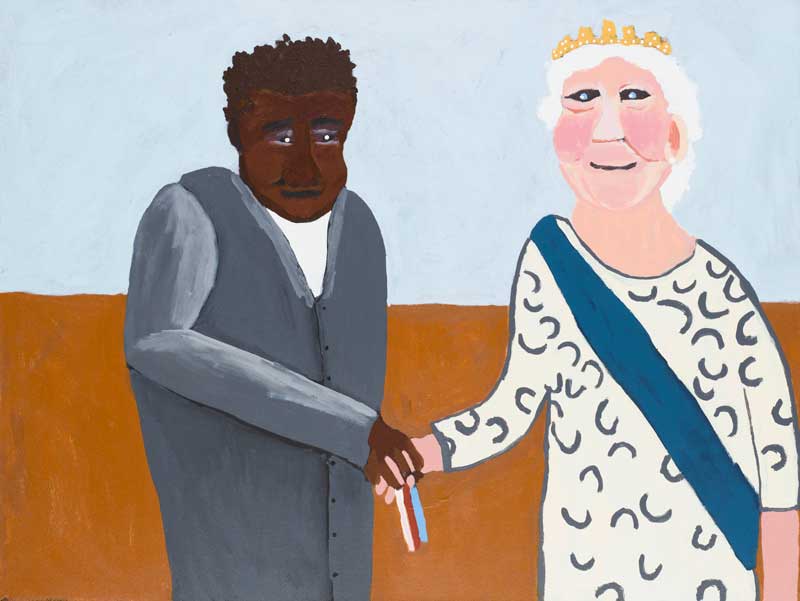 Vincent Namatjira, Albert Namatjira Receiving Coronation Medal from Her Majesty (from Albert’s Story series), 2014 synthetic polymer paint on linen. Collection: Queensland Art Gallery | Gallery of Modern Art Foundation. © Vincent Namatjira/Copyright Agency, 2019 