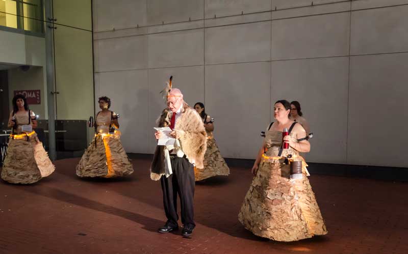 Uncle Lewis Yarluburka O’Brien presenting the opening address with the Unbound Collective (Simone Ulalka Tur, Faye Rosas Blanch, Natalie Harkin and Ali Gumillya Baker) Bound and Unbound: Sovereign Acts II, 2015 Photo: Tony Kearney 