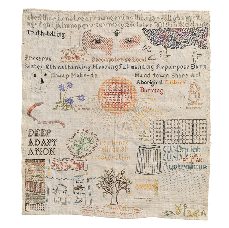 Sera Waters, Survivalist Sampler, 2019–20, cotton, glow‐in‐the‐dark thread, found materials on repurposed linen. Photo: Grant Hancock. Courtesy the artist and Hugo Michell Gallery