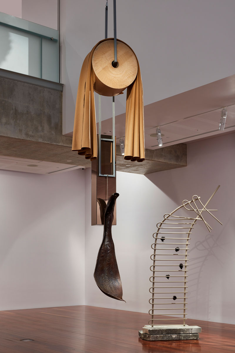 Louise Haselton, Vagabond, 2019, painted steel, paper, saddlery felt, mirrored Perspex, bronze. Installation view, Samstag Museum of Art, University of South Australia. Photo: Sam Noonan