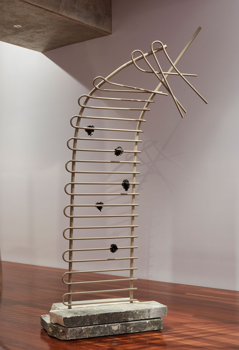 Louise Haselton, Fence for Friends, 2019, Mount Gambier limestone, powder- coated steel, bronze. Installation view, Samstag Museum of Art, University of South Australia. Photo: Sam Noonan