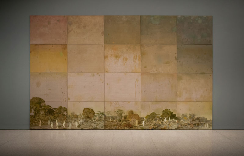 Gregory Pryor, Lakeside, 2009, oil on linen (20 panels). Installation view, John Curtin Gallery, 2016. Photo: Brad Coleman
