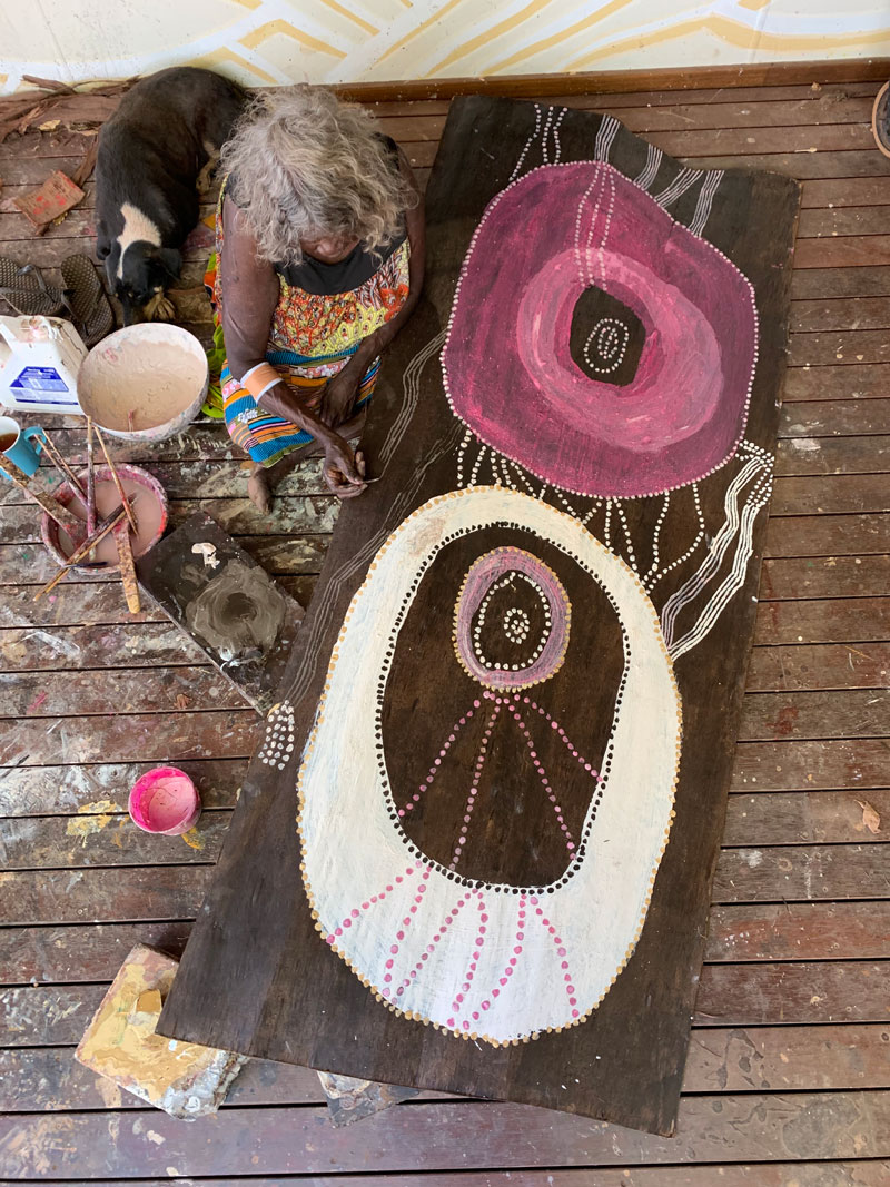 Noŋgirrŋa Marawili painting Baratjala with recycled print toner and earth pigments on stringybark Image courtesy of the artist and Buku Larrŋgay Mulka. Photo: David Wickens