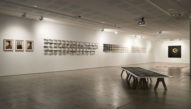 Installation view, Material Place: Reconsidering Australian Landscapes, UNSW Galleries, 2019. Pictured: Bonita Ely, Controlled Atmosphere Inc.: Lake PeddXer Environmental Impact Statement & Progressive Dementia of Integrated Resource Assembly, 1983; Gunybi Ganambarr, Ngalkan, 2015; Megan Cope, Foundations II, 2016 and Mabel Juli, Garnkiny Ngarrangkarni (Moon Dreaming). Photo: Zan Wimberley