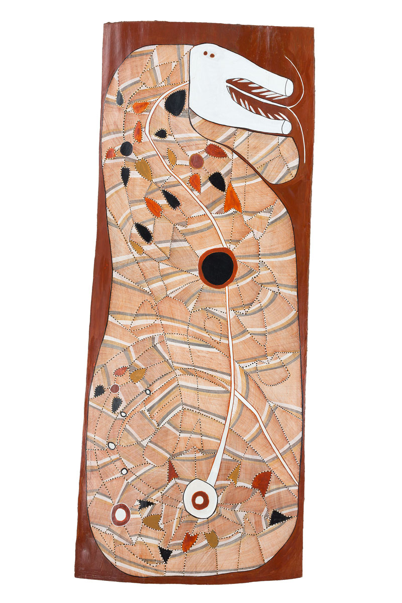 John Mawurndjul, Ngalyod, 2012, earth pigments on Stringybark (Eucalyptus tetrodonta), Museum of Contemporary Art, purchased with funds provided by the MCA Foundation, 2015. © John Mawurndjul/Licensed by Copyright Agency, 2018. Photo: Jessica Maurer 
