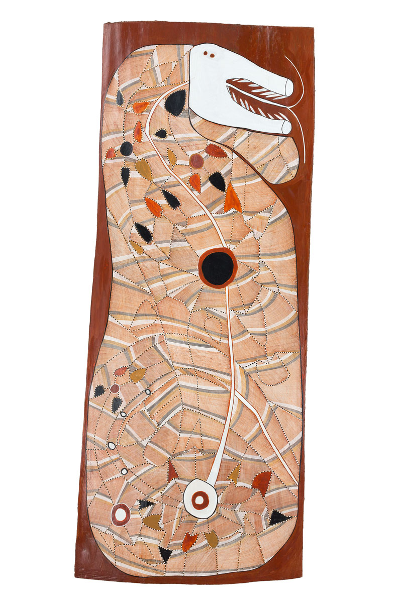 John Mawurndjul, Ngalyod, 2012, earth pigments on Stringybark (Eucalyptus tetrodonta), Museum of Contemporary Art, purchased with funds provided by the MCA Foundation, 2015. © John Mawurndjul/Licensed by Copyright Agency, 2018. Photo: Jessica Maurer