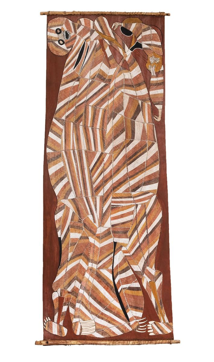 John Mawurndjul, Nawarramulmul (Shooting star spirit),1988, earth pigments on Stringybark (Eucalyptus tetrodonta). Museum of Contemporary Art, purchased with funds donated by Mr and Mrs Jim Bain, 1989. © John Mawurndjul/Licensed by Copyright Agency, 2018. Photo: Jessica Maurer