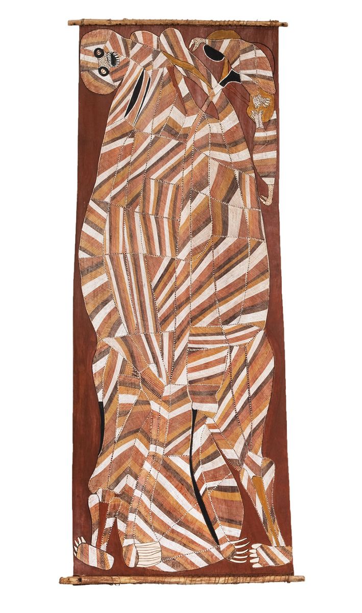 John Mawurndjul, Nawarramulmul (Shooting star spirit),1988, earth pigments on Stringybark (Eucalyptus tetrodonta). Museum of Contemporary Art, purchased with funds donated by Mr and Mrs Jim Bain, 1989. © John Mawurndjul/Licensed by Copyright Agency, 2018. Photo: Jessica Maurer 