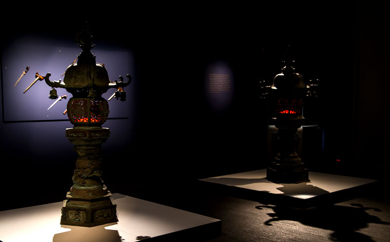 Installation view, Kondō-dōrō (bronze lantern), Nara, Japan, cast bronze, M. Ritson Collection, Berndt Museum; Kondō-dōrō (bronze lantern), Nara, Japan, cast bronze R. Cleland Collection, Berndt Museum. Installation view, Lawrence Wilson Art Gallery. Photo: Lyle Branson