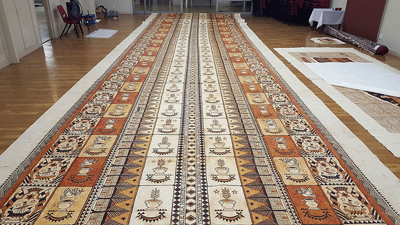 Robin White and Ruha Fifita Seen Along The Avenue, from the Ko e Hala Hangatonu: The Straight Path series 2013–16, earth pigments and natural dyes on ngatu. Photo: Yvane Fifita