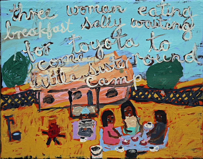 Sally M. Nangala Mulda, Arrernte/Pitjantjatjara/Luritja/Yankunytjatjara people, Northern Territory, Three Women Eating Breakfast, 2019, synthetic polymer paint on linen. © Sally M. Nangala Mulda/Tangentyere Artists