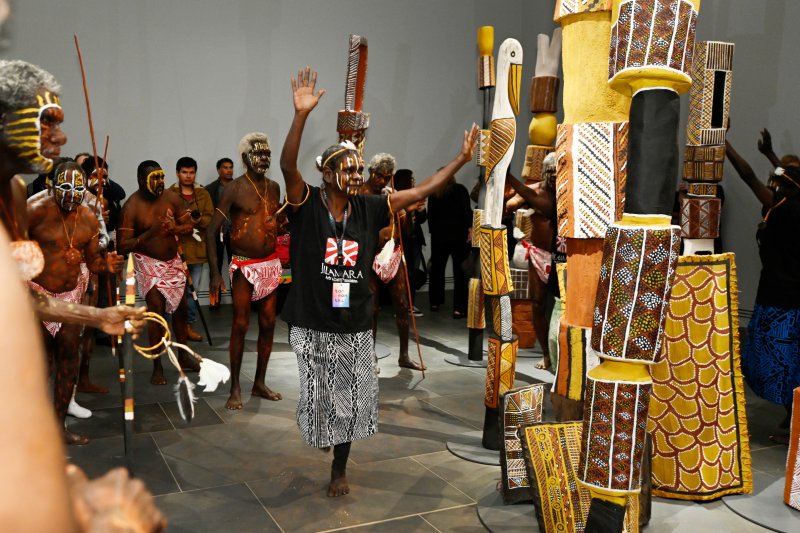 Tiwi artists performing at the media launch of Tarnanthi 2019, Art Gallery of South Australia, Adelaide. Photo: Ben Searcy