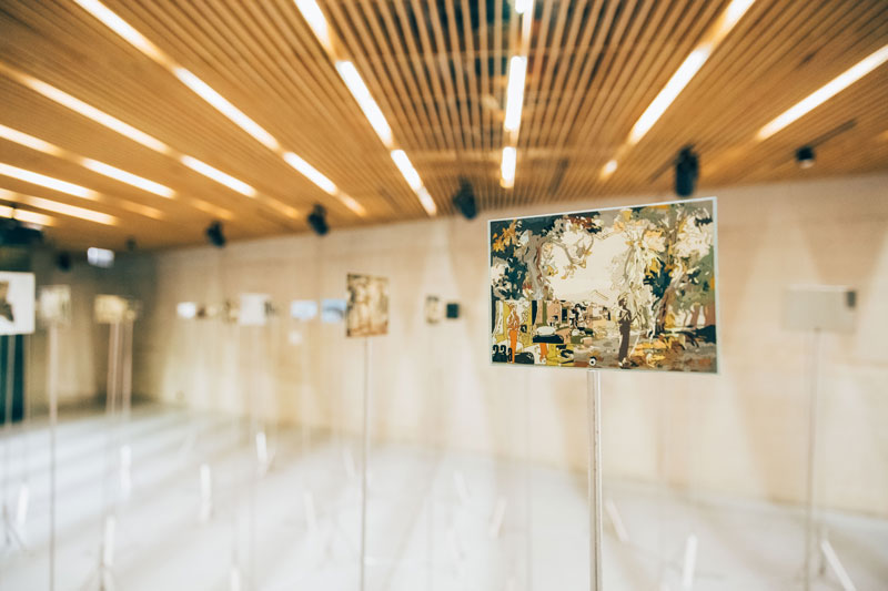 Conversations with the Bride, 1974–75 112 gouache and acrylic-epoxy paintings on aluminium panels with chrome-plated mirrored blocks, mounted on aluminium stands. Collection: Art Gallery of New South Wales. Installation view, Latvian National Museum of Art. Photo: Andris Zieds