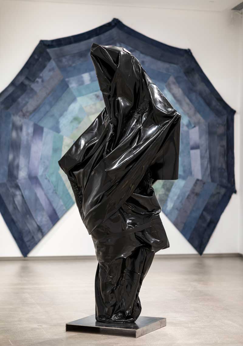 TarraWarra Biennial 2018: From Will to Form installation view of Rob McLeish, Xenograft Couture (Rigged Composition in Black, 001) 2018 TarraWarra Museum of Art, 2018. Courtesy of the artist and Neon Parc, Melbourne. Photo: Andrew Curtis