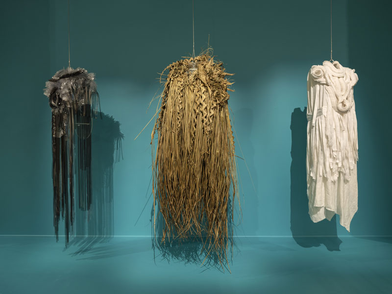 Grace Lillian Lee (Meriam Mir language group), A Weave through Time (plastic), 2017, polyurethane, timber cane, cotton and wool thread; A Weave through Time (fibre), 2017 palm fibre, timber cane, cotton and wool thread; A Weave through Time (White), 2017 cotton webbing, timber cane, cotton and wool thread. All purchased Cairns Art Gallery Foundation, 2018. Collection: Cairns Art Gallery, Cairns. Photo: Carl Warner. Courtesy the artist.